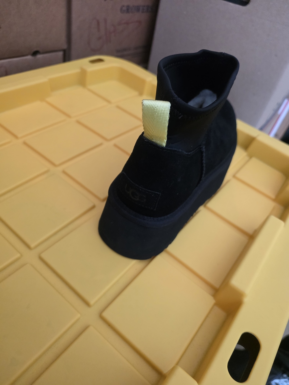 UGG  Black Suede Boot with Yellow Pull Tab